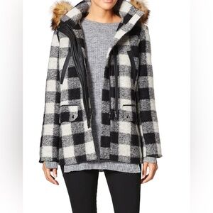 Joie Black and White Checkered Puffer Jacket with Faux Fur Hood